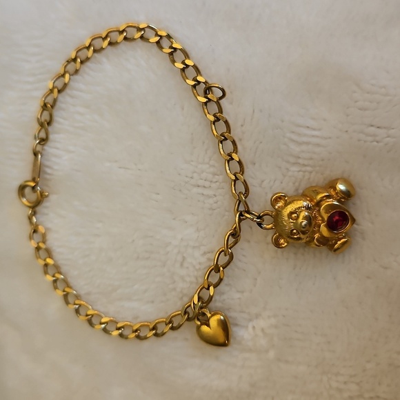 Vtg AVON Gold Bear Ruby Crystal Birthstone Charm Girl's Bracelet - Picture 2 of 5